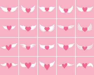 Pink heart with white wings. Set of cute love symbols. Heart tattoo. Pink and white color icons. Hearts for design. Love, romance vector icons. For gifts, Valentine's Day, birthday, party decor, cards