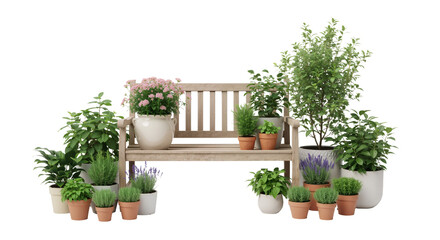Rustic Wooden Garden Bench with Potted Plants on White Background &mdash; Natural, Serene, Inviting &mdash; Ideal for Home Decor, Gardening, or Outdoor Lifestyle Branding.
