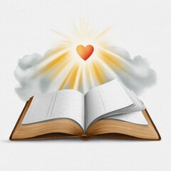Watercolor illustration of open bible with glowing heart in clouds, spiritual inspiration for religious themes and faith-based artwork on white background