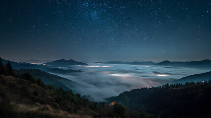 4K Stunning night sky with countless stars over a misty mountain valley, creating a serene and magical landscape at twilight image