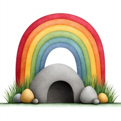 Watercolor cartoon rainbow over empty tomb with nature elements for easter celebration and inspirational design on white background