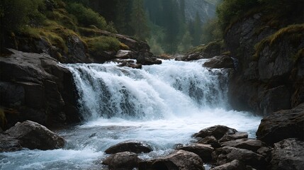 Fototapeta premium A powerful waterfall cascades over rugged rocks in a lush natural mountain landscape