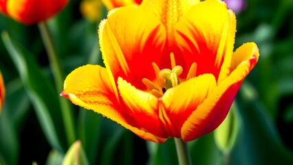Vibrant yellow and red tulip flower blooming in a spring garden with water droplets on petals