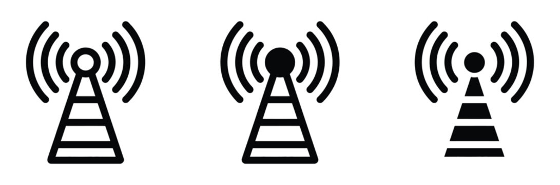 Antenna icon set. Wireless signal tower symbol. Outline and filled vector.

