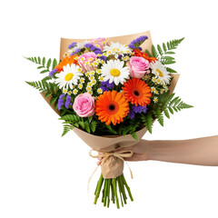 Hand-Held Vibrant Flower Bouquet in Kraft Paper on White Background &mdash; Joyful, Colorful, Thoughtful &mdash; Perfect for Gifting, Celebrations, or Floral Branding.
