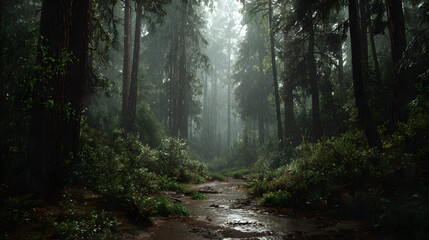 Obraz premium 4K Misty forest path after rain, dense green trees, atmospheric woodland scene, tranquil nature landscape image