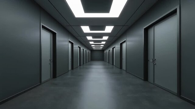 Corporate interior hallway with LED panel lighting quiet environment
