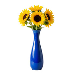 Blue Ceramic Vase with Yellow Sunflowers on White Background &mdash; Cheerful, Elegant, Artisanal &mdash; Ideal for Home Decor, Spring Branding, or Nature-Inspired Interior Design.
