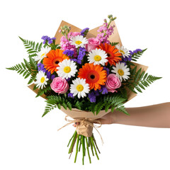 Hand-Held Vibrant Flower Bouquet in Kraft Paper on White Background &mdash; Joyful, Colorful, Thoughtful &mdash; Perfect for Gifting, Celebrations, or Floral Branding.
