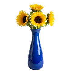 Blue Ceramic Vase with Yellow Sunflowers on White Background &mdash; Cheerful, Elegant, Artisanal &mdash; Ideal for Home Decor, Spring Branding, or Nature-Inspired Interior Design.

