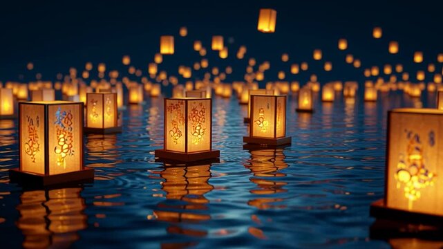 Japanese Obon lanterns floating on calm river at night