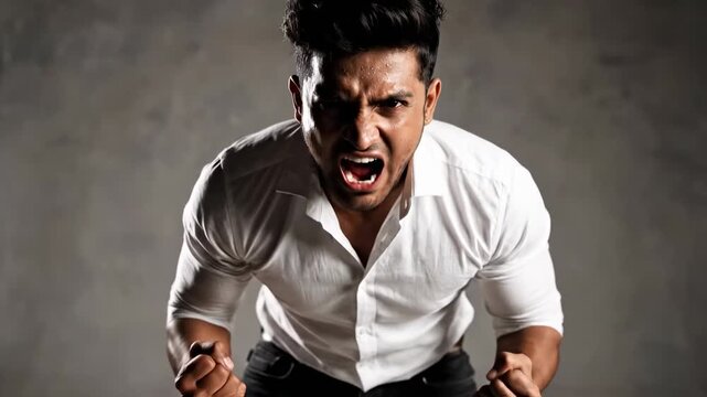 Furious and aggressive businessman screaming in rage with a menacing expression, clenching his fists in anger and frustration against a dark gray background in a dramatic studio portrait