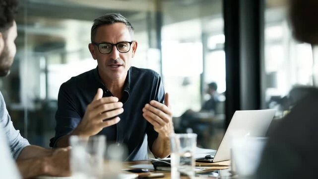 a business meeting middle-aged man wearing glasses explaining a project to his team, seated at a conference table, active hand ges 4K