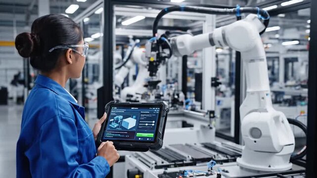 Engineer operating robotic arm in factory.
