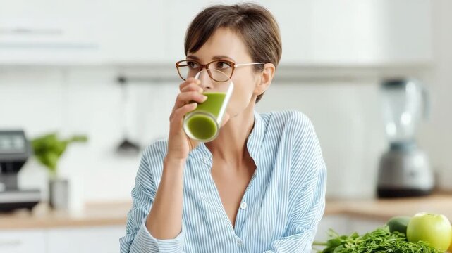 a smiling middle-aged woman (40-55) in glasses holding a glass of green detox smoothie in a bright modern kitchen, casual blue 4K
