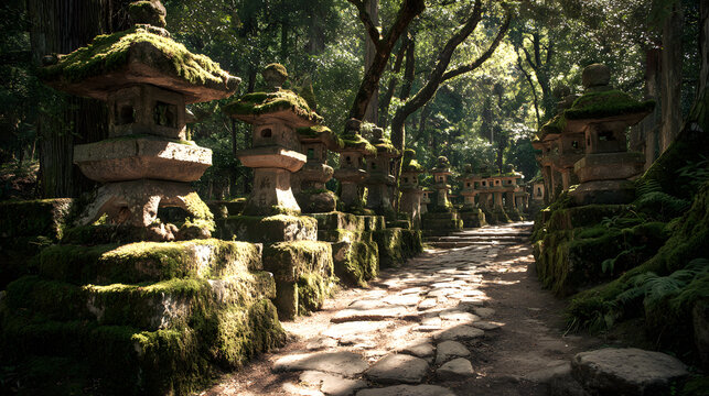4K Path lined with mosscovered stone lanterns in a lush green forest, traditional japanese temple grounds image
