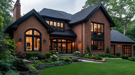 Obraz premium Elegant Brick Home with Illuminated Windows and Manicured Garden at Twilight