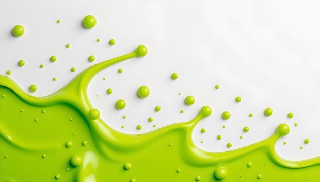 A green splash design against a white background, resembling a watercolor effect with droplets.