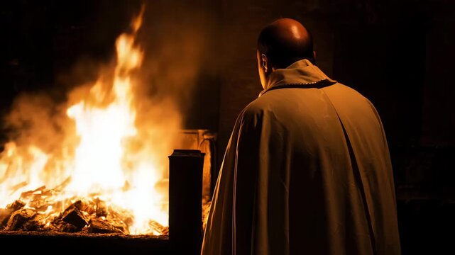 burning pyre, silent observation, body turned away, firelight reflection, garments, intimate ritual, stillness, spiritual ceremony 4K