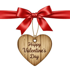 Wooden heart with red bow for valentine's day isolated on transparent background
