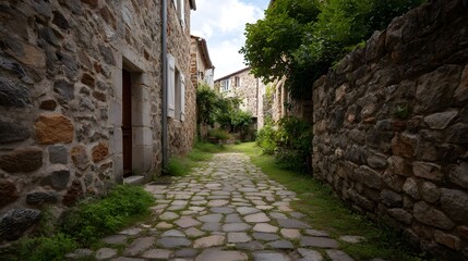 A picturesque narrow cobblestone lane winds between old stone buildings and walls in a quaint European village under a cloudy sky