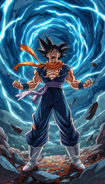 Vertical Cinematic Medium Shot of a Powerful Anime Warrior Screaming with Blue Energy Vortex (generative ai)