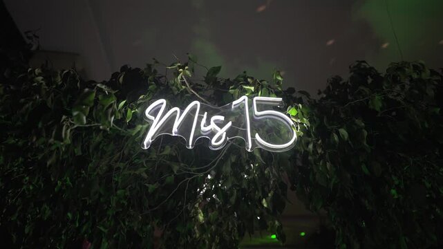 Spanish Mis 15 neon sign glowing on a green foliage wall, shown as part of a luxury quincea&ntilde;era birthday celebration decor with soft ambient light in an elegant evening setting.