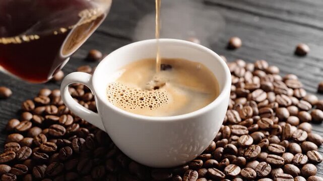 Hot coffee stream pouring into a white cup, surrounded by roasted coffee beans