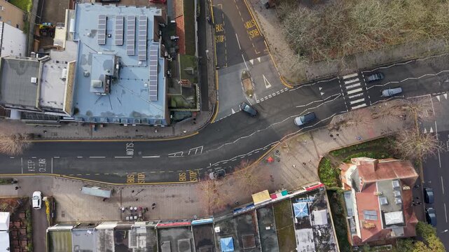 Top down view of Wanstead t-junction with traffic and road markings