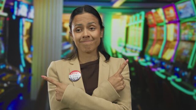 Woman pointing with fingers in a casino wearing an i voted badge with an american flag, expressing a casual attitude beside vibrant slot machines indoors.