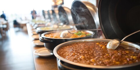 Steaming Hot Soups in Rustic Bowls at Cozy Restaurant Buffet