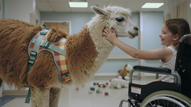 Girl in wheelchair petting an alpaca during animal assisted therapy session for support and emotional healing