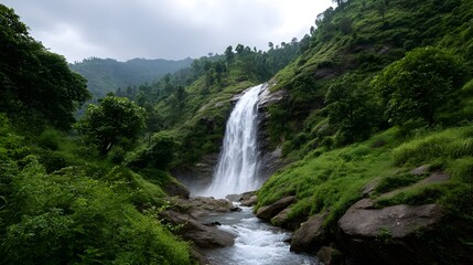 Majestic waterfall cascading down a rocky verdant mountain slope surrounded by lush jungle foliage under an overcast sky