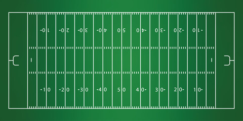 American Football Field Top View on Green Turf - Professional Gridiron Pitch Layout with Yard Line Markers Vector