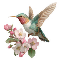 Fototapeta premium Hummingbird hovering near delicate pink blossoms on black background