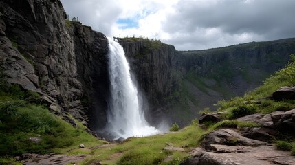 Obraz premium Majestic waterfall cascades powerfully down a rugged cliff face surrounded by green natural wilderness