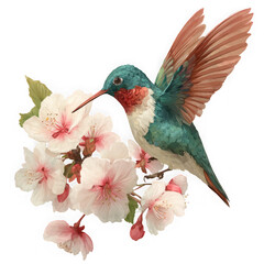 Fototapeta premium Hummingbird feeding on delicate pink blossoms against a dark background