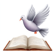 Obraz premium Watercolour cartoon clipart of dove above bible - symbol of peace and spirituality for design and decorations on white background