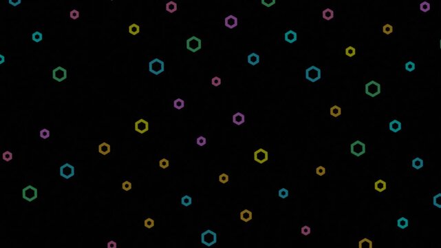 Abstract black background with scattered colorful hexagonal outlines.