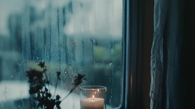 Candle glowing warmly on a dark windowsill, casting light on raindrops covering the window glass while a potted plant stands nearby, creating a sense of comfort and tranquility during bad weather