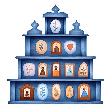 Watercolor cartoon clipart of iconostasis with religious icons for spiritual decor on white background