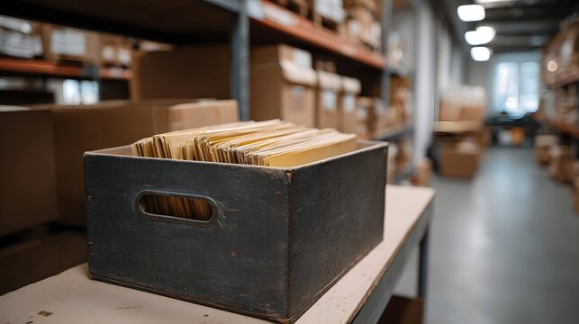 A wooden crate filled with yellow documents and files sits on a table in a warehouse