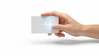 Hand holding blank white card with glowing digital light. Contactless technology concept.