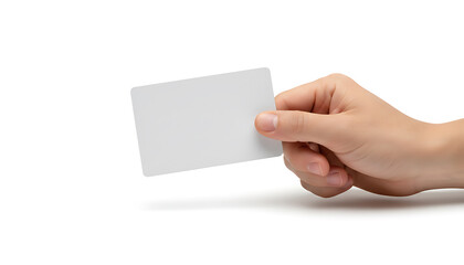 Hand holding blank white card, isolated. Customizable template for business, credit, ID, or gift card designs.