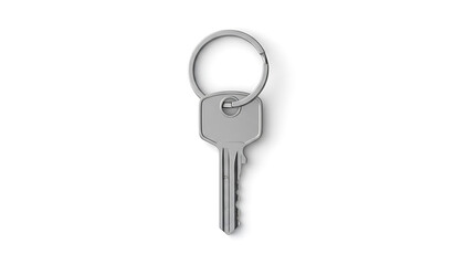 Single Silver Metal Key on Keyring with Subtle Shadow Isolated on White Background