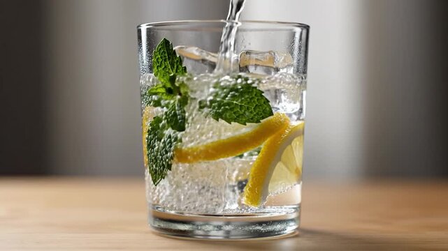 Clear glass with ice, mint, and lemon being filled with pouring liquid