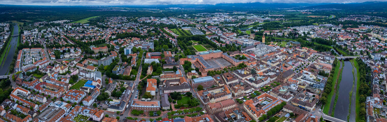 Obraz premium Aerial panoramic view of the city Rastatt, 76437 in Germany on a cloudy spring afternoon.