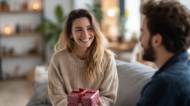 A man and woman exchange gifts on Valentine's Day