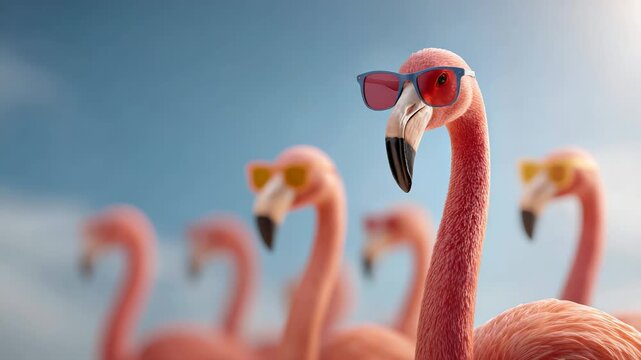 Confident pink flamingo wearing cool sunglasses standing out from the crowd of other birds, symbolizing leadership, individuality, and a fun summer vacation attitude under a clear blue sky