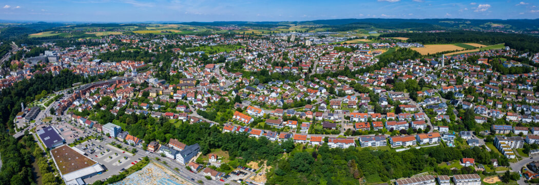Panoramic aerial view of the old town in the city Backnang on a sunny day in spring, Germany , Baden-W&uuml;rttemberg